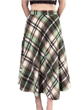 Green Plaid High Waisted Midi Skirt with Pockets
